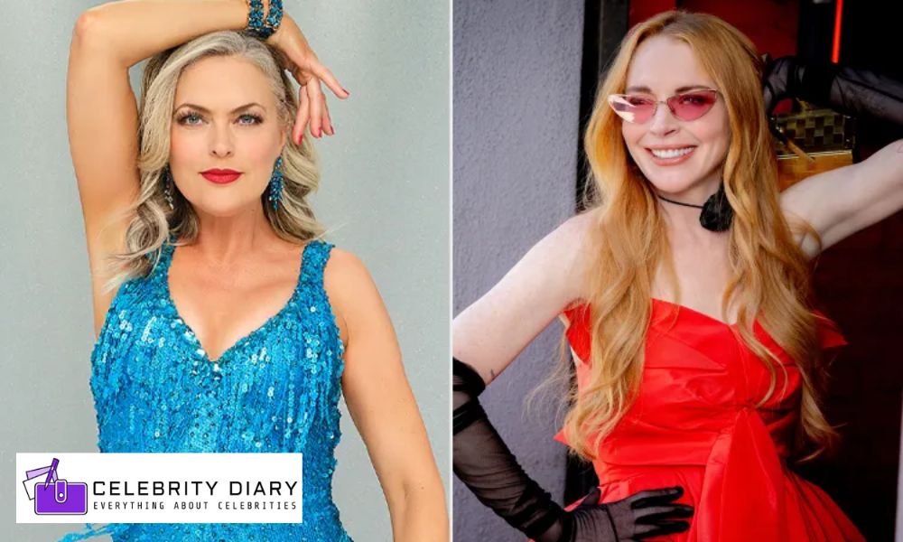 Elaine Hendrix in a blue sequin dress posing confidently beside Lindsay Lohan in a red gown with black gloves.