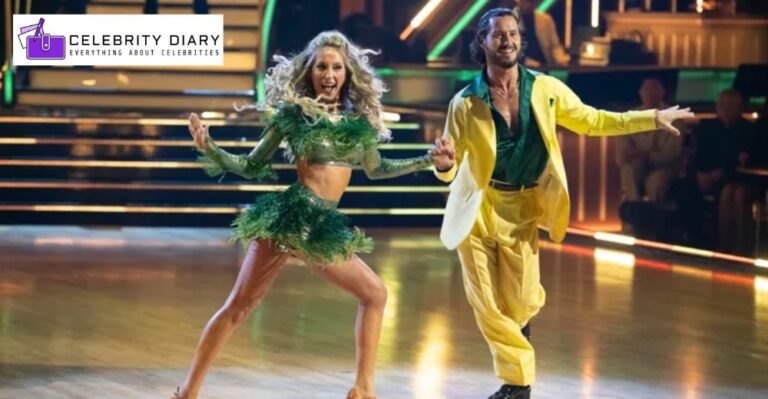 Dancing with the Stars Season 34 contestants performing a lively dance routine in colorful costumes.