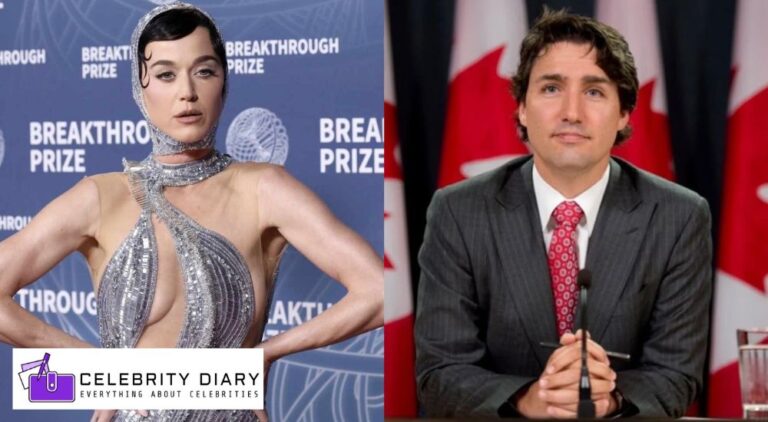 Katy Perry posing in a silver dress at an event alongside Justin Trudeau.